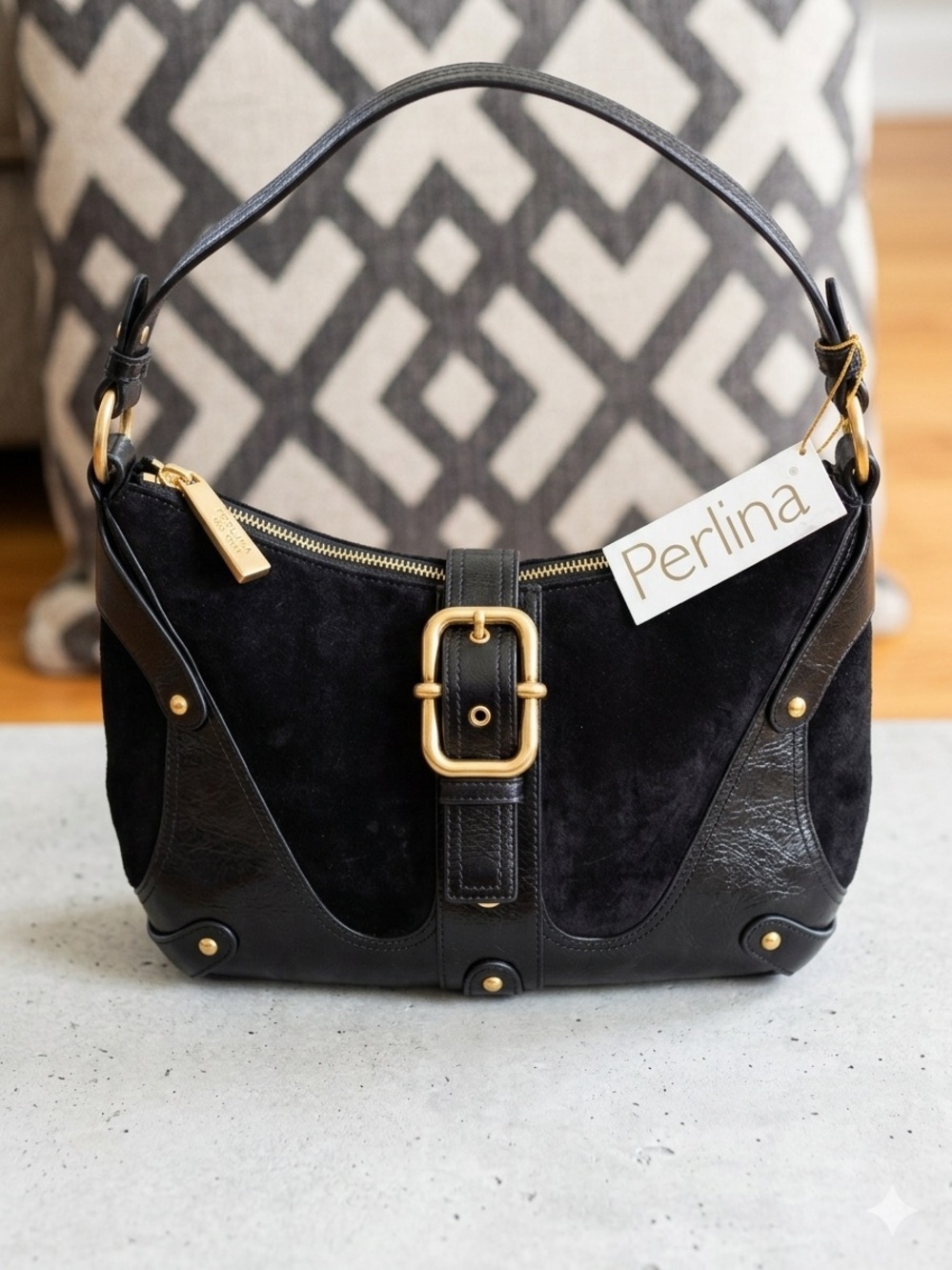 Perlina Black Suede and Leather Shoulder Bag with Gold Buckle